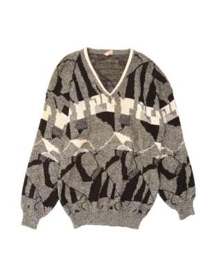 Vintage Abstract Pattern V-neck Jumper 2XL In Grey Geometric