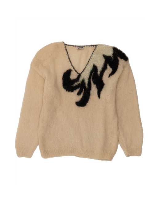 Vintage Abstract Pattern V-neck Jumper Sweater Size 46/48 2XL In Beige