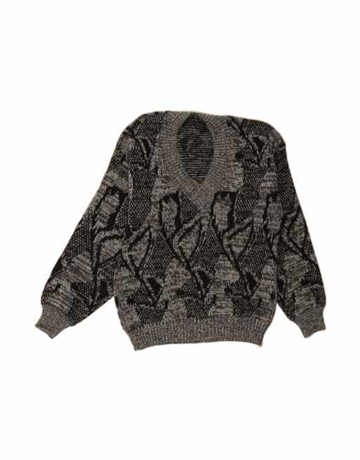 Vintage Abstract Pattern V-neck Jumper Sweater UK 14 Medium In Grey