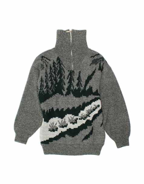 Vintage Abstract Pattern Zip Neck Jumper Sweater Medium In Grey - view 1