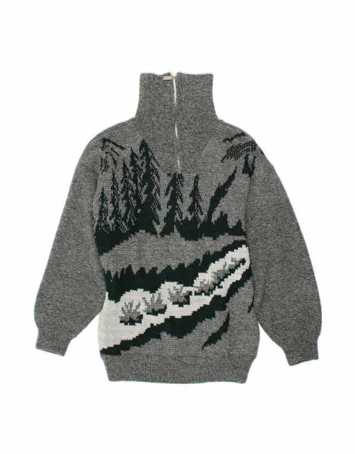 Vintage Abstract Pattern Zip Neck Jumper Sweater Medium In Grey