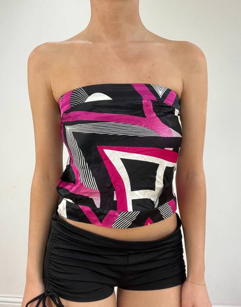 Vintage abstract print bandeau in pink - view 1