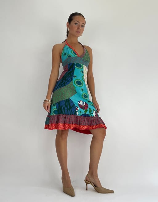 Vintage abstract print halterneck dress in blue and grey