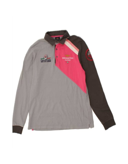 Vintage Aeronautica Militare Graphic Long Sleeve Rugby Polo Shirt Medium In Grey