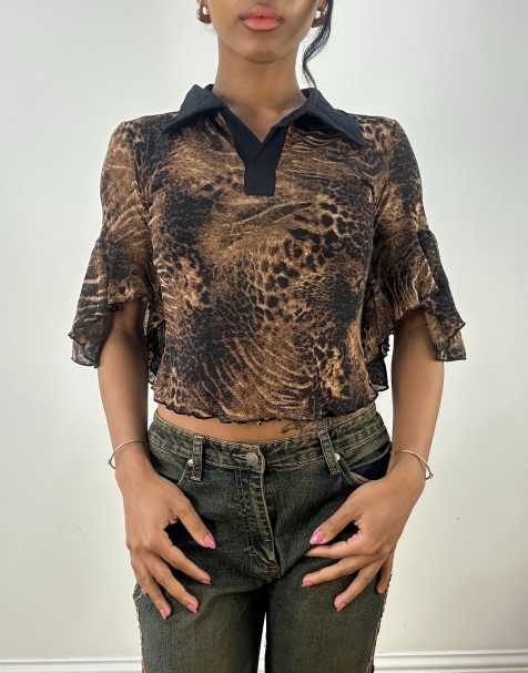 Vintage animal print collared top in brown - view 1