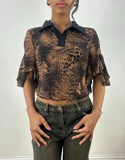 Vintage animal print collared top in brown