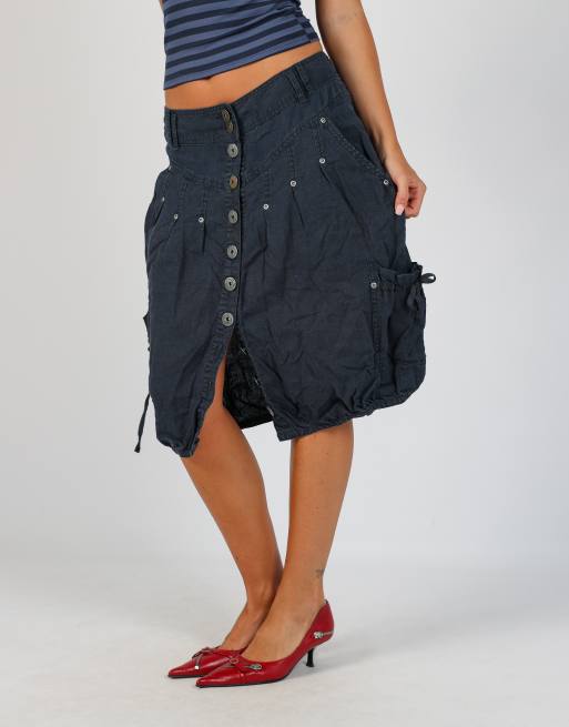 Vintage Anna Scott M woven midi skirt in navy blue, 2 of 4