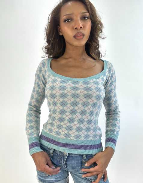 Vintage argyle jumper in blue - view 1