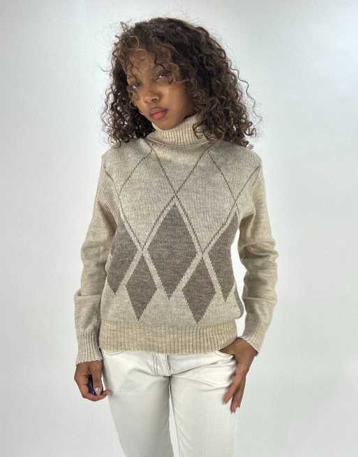 Vintage argyle print jumper in beige