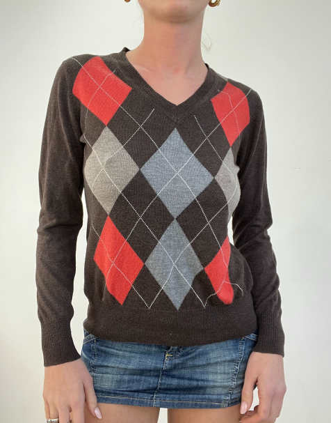 Vintage argyle print v neck jumper in brown - view 1