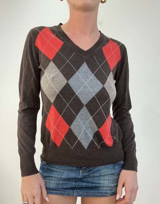 Vintage argyle print v neck jumper in brown