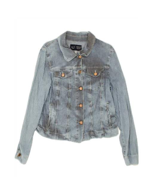 Vintage Armani Jeans Crop Denim Jacket EU 44 Large In Blue Pinstripe