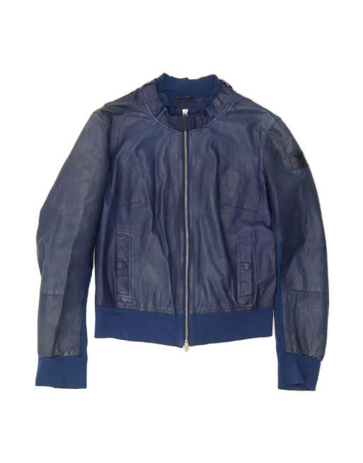 Vintage Armani Jeans Leather Bomber Jacket US 4 XS In Blue