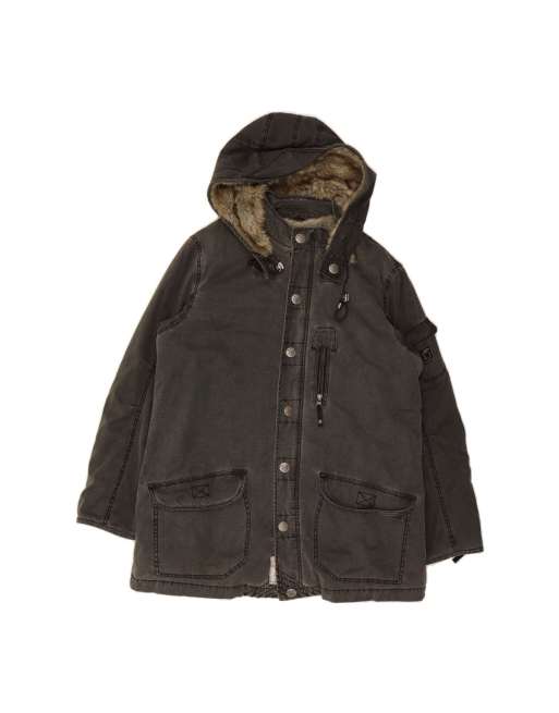 Vintage Armani Jeans Sherpa Hooded Parka Jacket UK 42 XL In Grey
