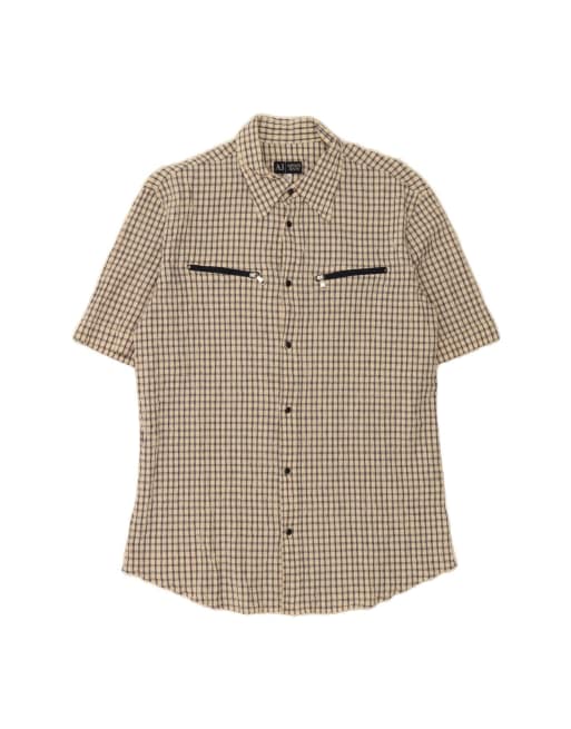 Vintage Armani Jeans Short Sleeve Shirt Medium In Beige Check
