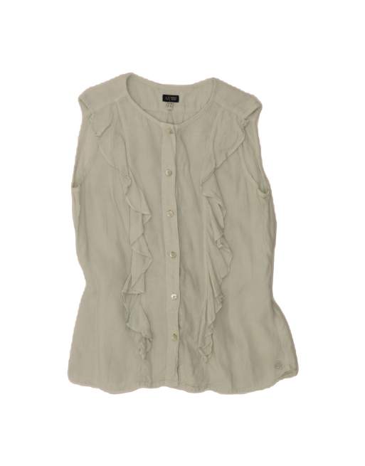 Vintage Armani Jeans Sleeveless Ruffle Front Shirt Blouse EU 42 Large In Green