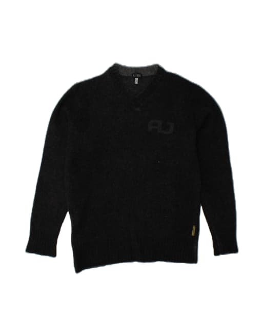 Vintage Armani Jeans V-neck Jumper Sweater UK 14 Medium In Grey Wool
