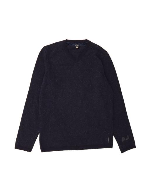 Vintage Armani Jeans V-neck Jumper Sweater XL In Blue Flecked Wool