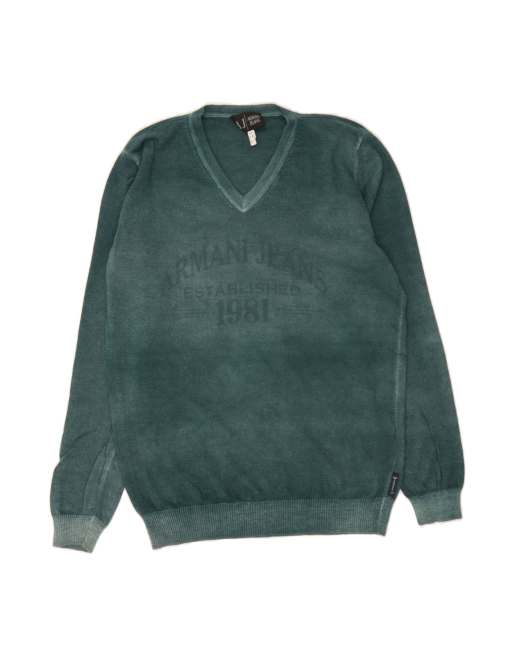 Vintage Armani Jeans V-neck Jumper Sweater XL In Green Virgin