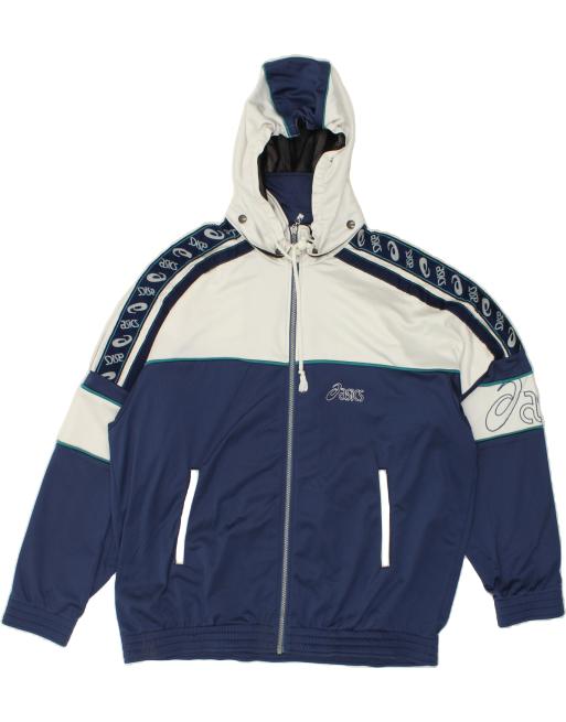 Vintage Asics Size XL Graphic Hooded Tracksuit Top Jacket in Navy Blue