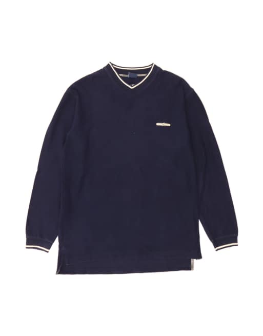 Vintage Asics V-neck Jumper Sweater Large In Blue