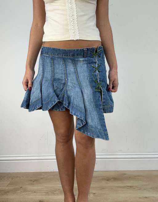 Vintage asymmetric denim mini skirt with lace up detail in blue