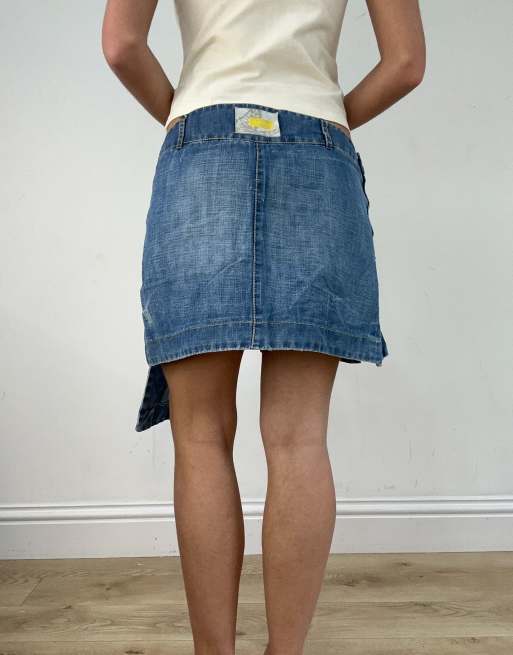 Vintage asymmetric denim mini skirt with lace up detail in