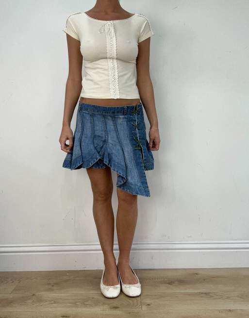 Vintage asymmetric denim mini skirt with lace up detail in blue | ASOS