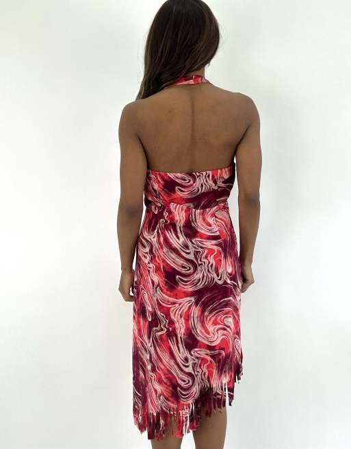 Vintage asymmetric fringe midi dress in pink, 2 of 4