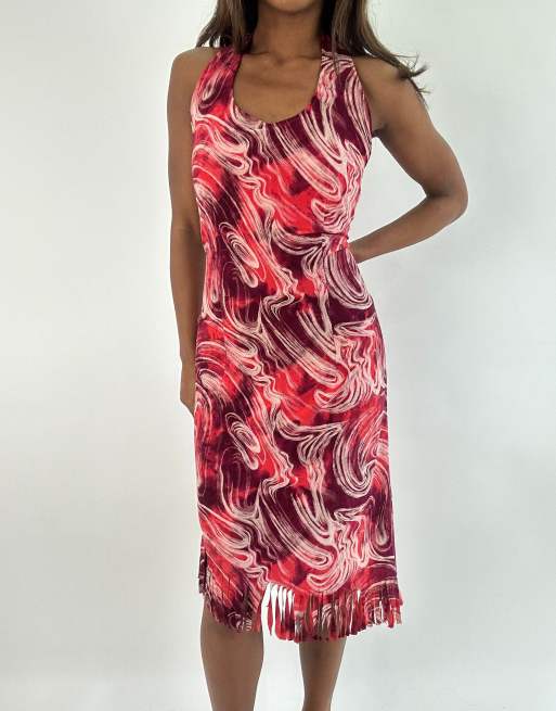 Vintage asymmetric fringe midi dress in pink, 3 of 4