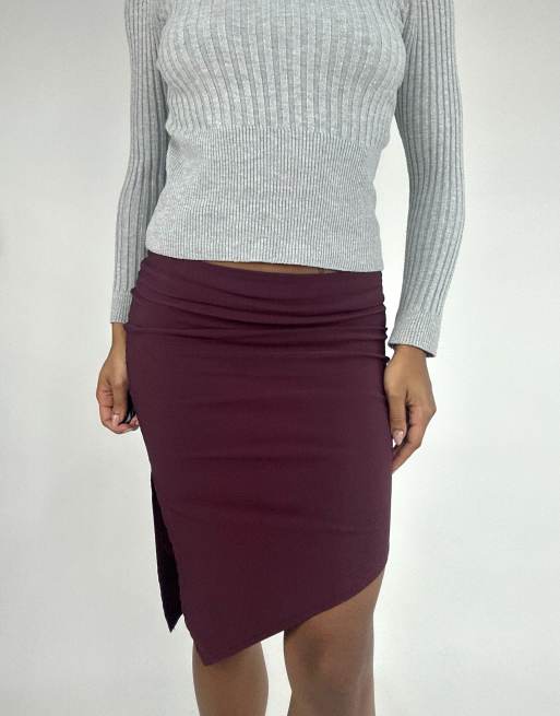 Vintage asymmetric midi skirt in burgundy