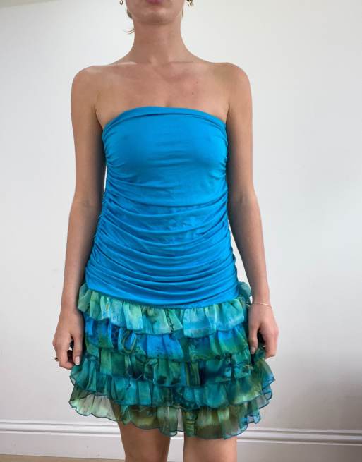 Vintage bandeau ruffle dress in blue