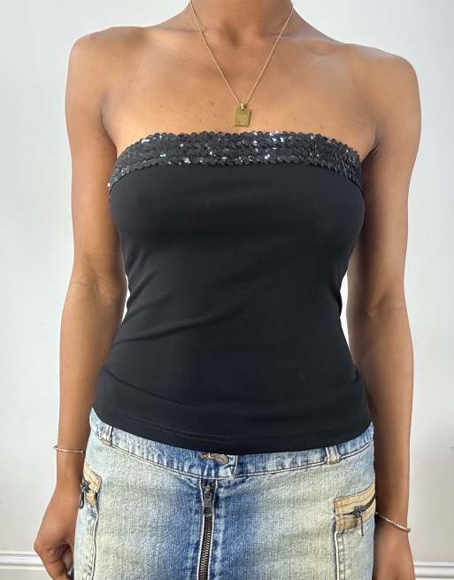 Vintage bandeau top with sequin trim in black