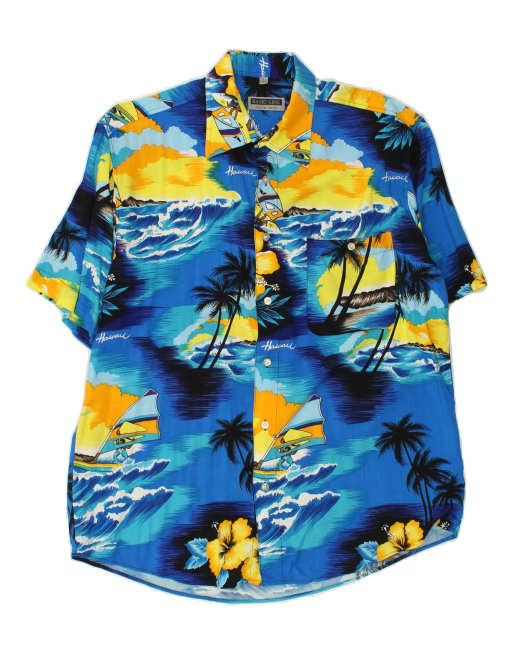 Vintage Basicline Size L Floral Hawaiian Short Sleeve Shirt in Blue