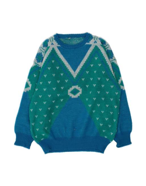 Vintage Batwing Boat Neck Jumper Sweater UK 18 XL In Blue Colourblock