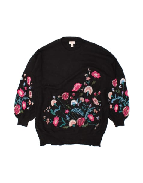 Vintage Batwing Crew Neck Jumper Sweater UK 10 Small In Black Floral - view 1