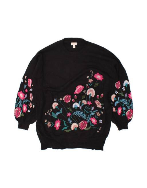 Vintage Batwing Crew Neck Jumper Sweater UK 10 Small In Black Floral