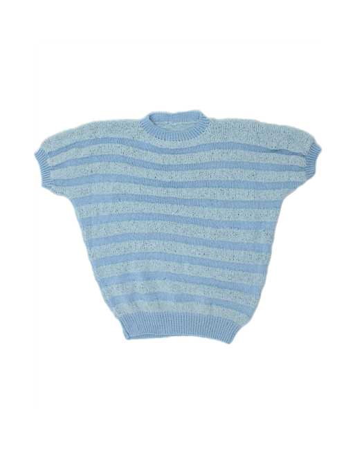 Vintage Batwing Crew Neck Jumper Sweater UK 14 Large In Blue Striped