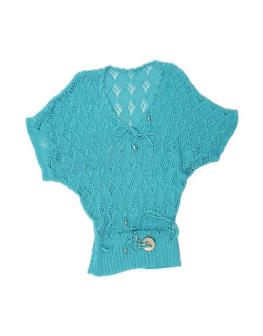 Vintage Batwing Short Sleeve V-neck Jumper Sweater UK 10 Small In Blue