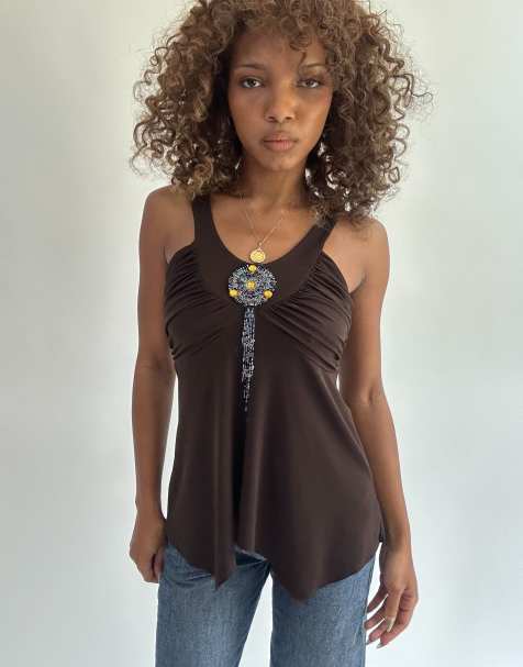 Vintage beaded cami top in brown - view 1