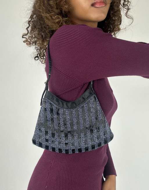 Vintage beaded shoulder bag in black, 2 of 4