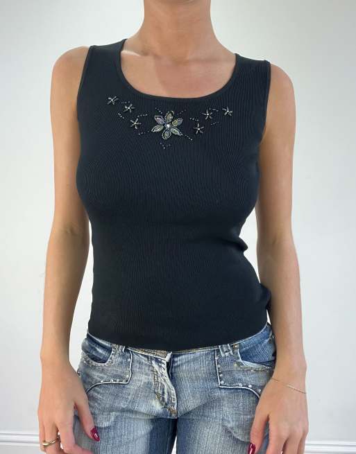 Vintage beaded  tank top in black