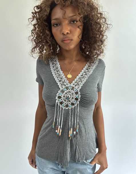 Vintage beaded top in grey - view 1
