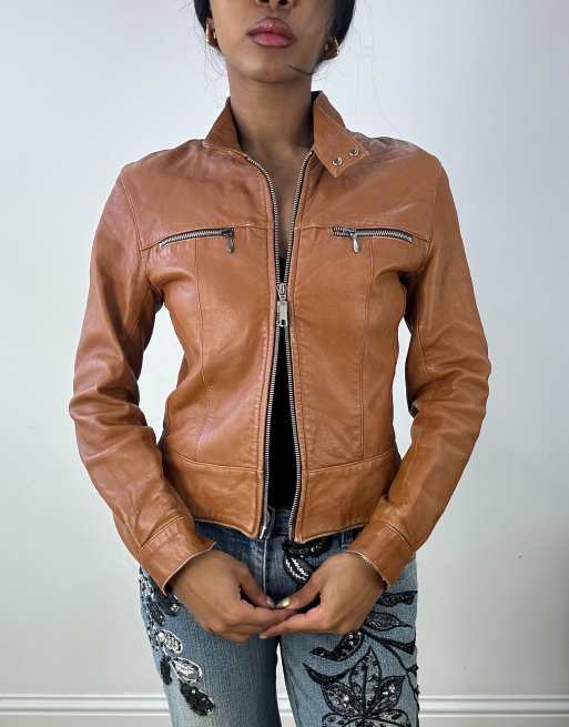 Vintage biker style dual zip leather jacket in brown