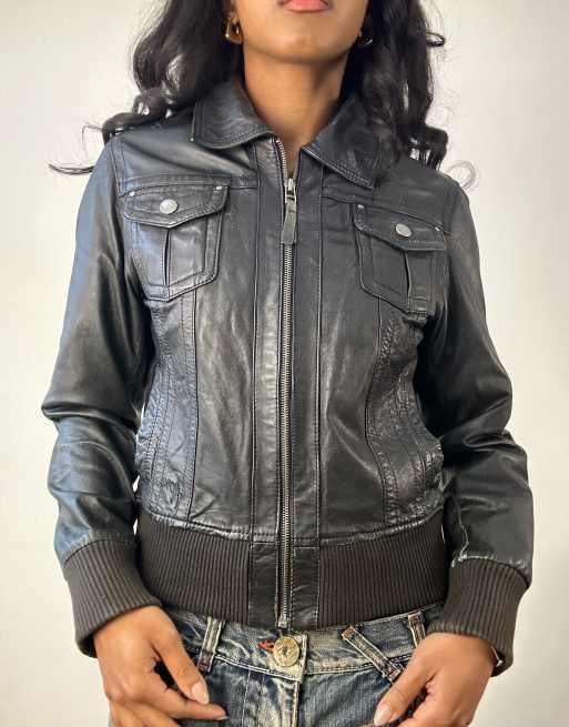 Vintage biker style zip up leather jacket in black