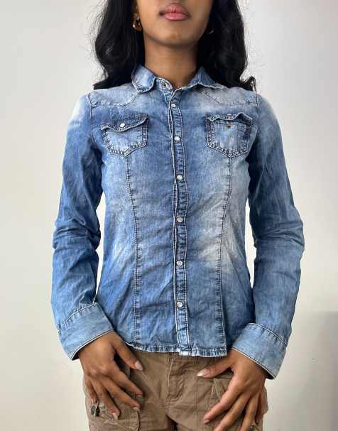 Vintage bleach wash denim shirt in blue - view 1