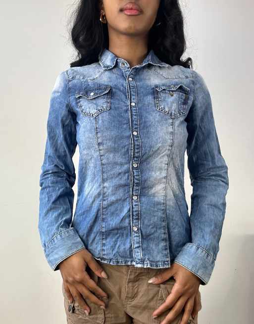 Vintage bleach wash denim shirt in blue
