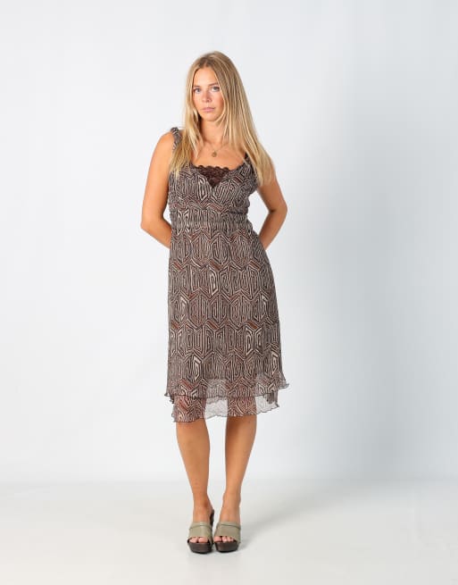 Vintage Blue Collection 10 printed woven midi dress in brown