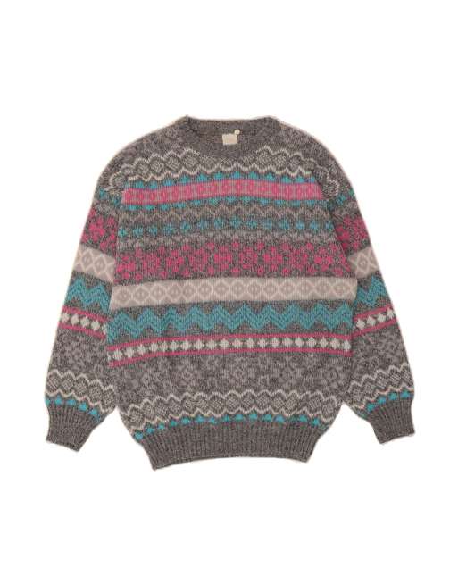 Vintage Boat Neck Jumper Sweater It 40/42 Medium In Grey Fair Isle