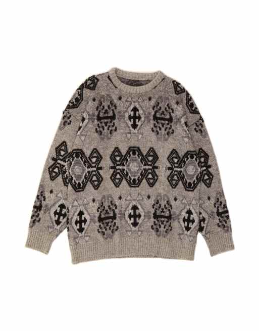Vintage Boat Neck Jumper Sweater Medium In Grey Fair Isle